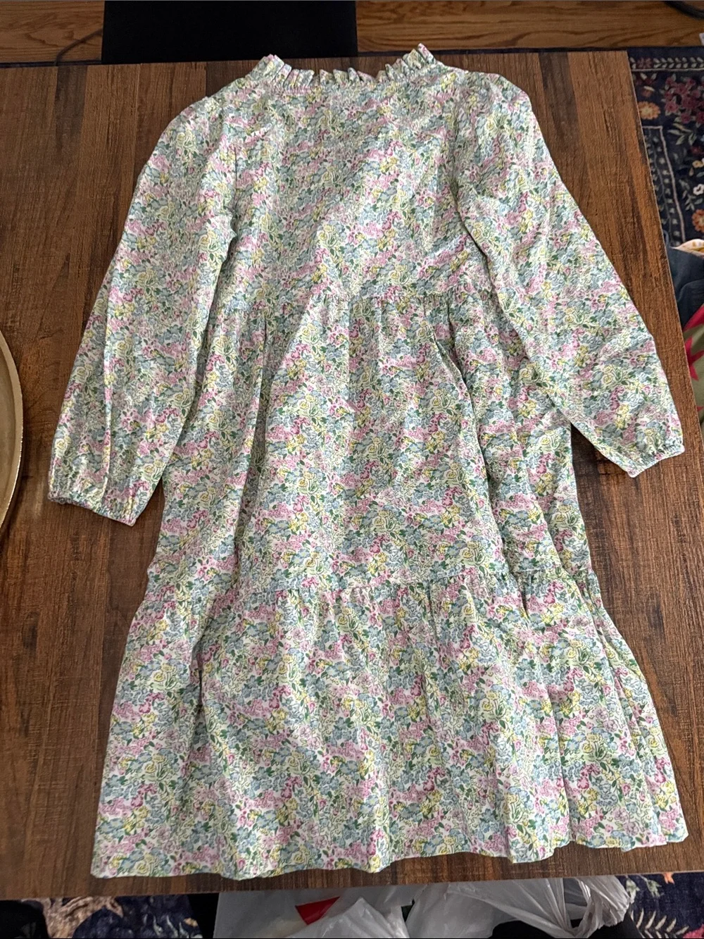 Little English Floral Tiered Long-Sleeve Dress in Pink, Green & Cream